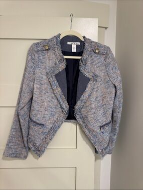Nick & Mo Tweed Cropped Blazer in Blue and Cream with Gold Buttons